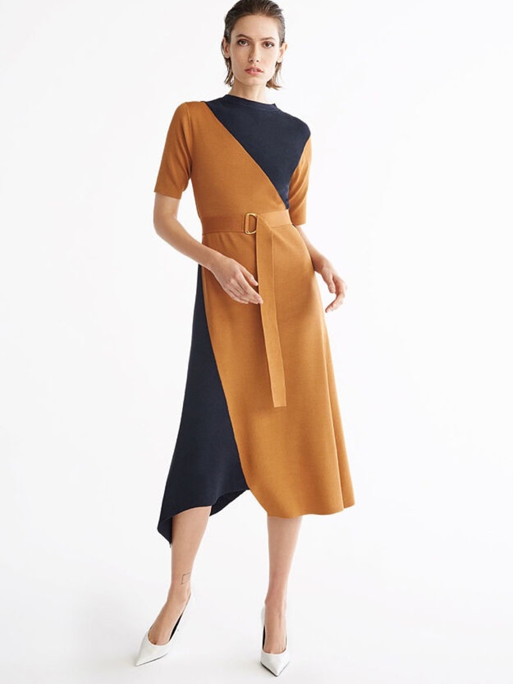 Uterque Colorblock Asymmetric Knit Midi Dress Belted Size Small